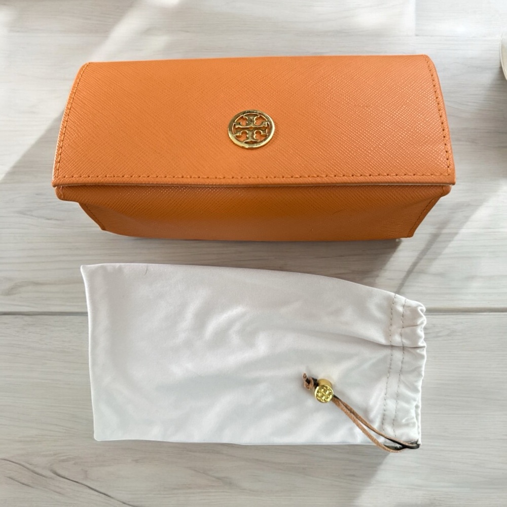 Tory Burch Eyeglass Hard Case with soft drawstring bag Gold logo tag Orange